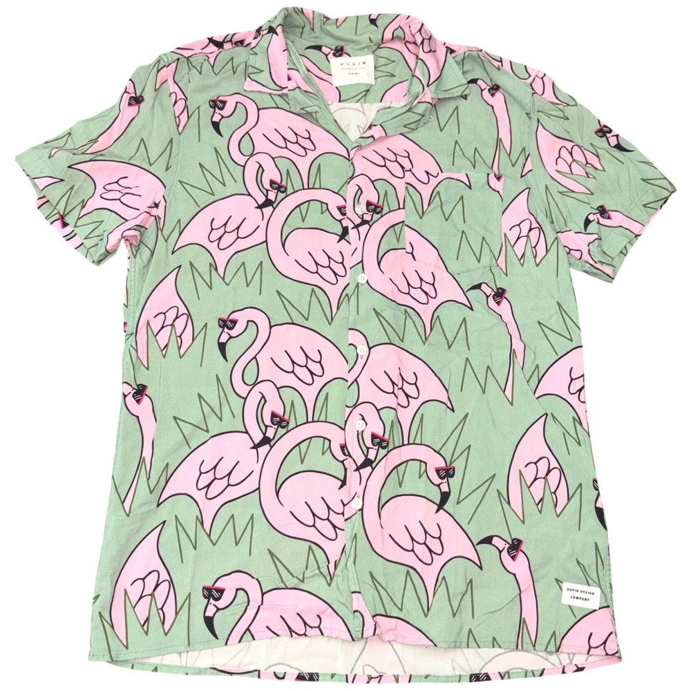 Duvin Design Shirt Mens Large Flamingo Print Viscose Short Sleeve Button Up Top